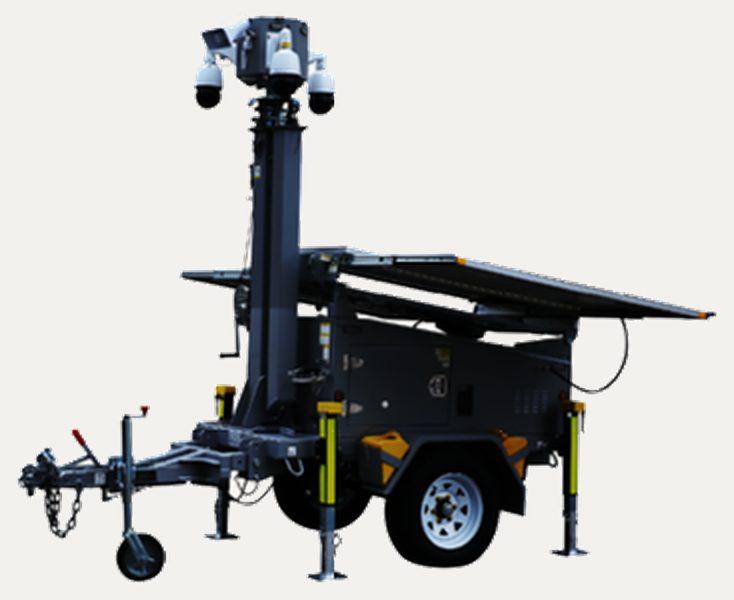 Scout Technologies solar security trailer with mast-mounted cameras, solar panel and stabilizer legs